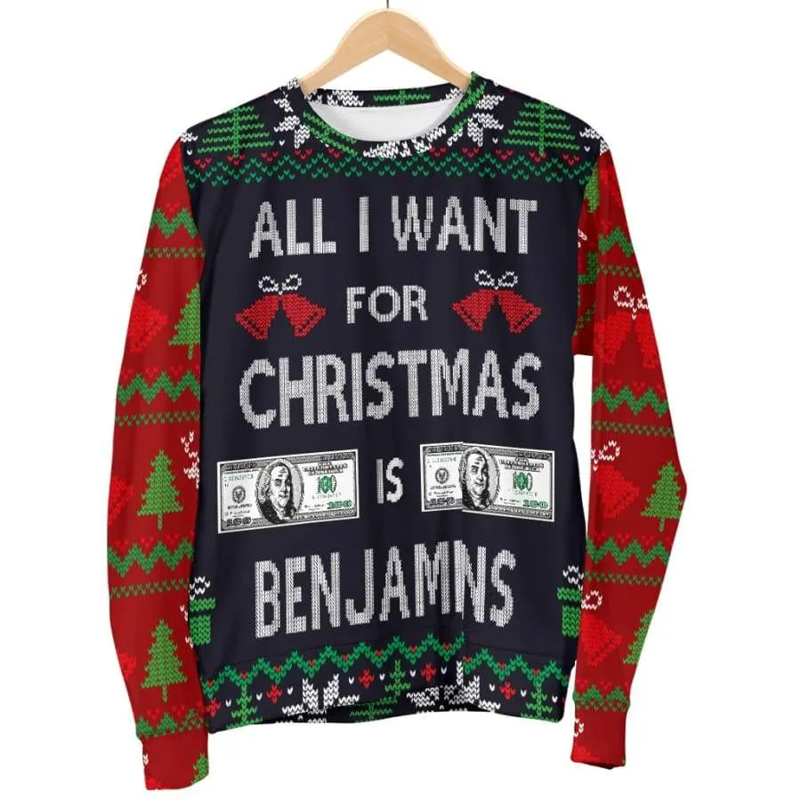 Ugly Christmas Sweater "All I Want is Benjamins" Mens Womens|Christmas Gift