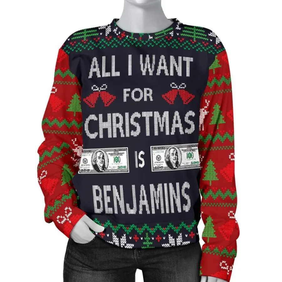 Ugly Christmas Sweater "All I Want is Benjamins" Mens Womens|Christmas Gift