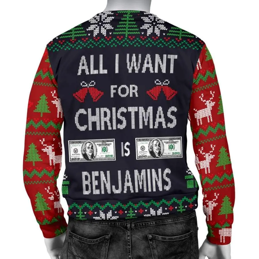 Ugly Christmas Sweater "All I Want is Benjamins" Mens Womens|Christmas Gift