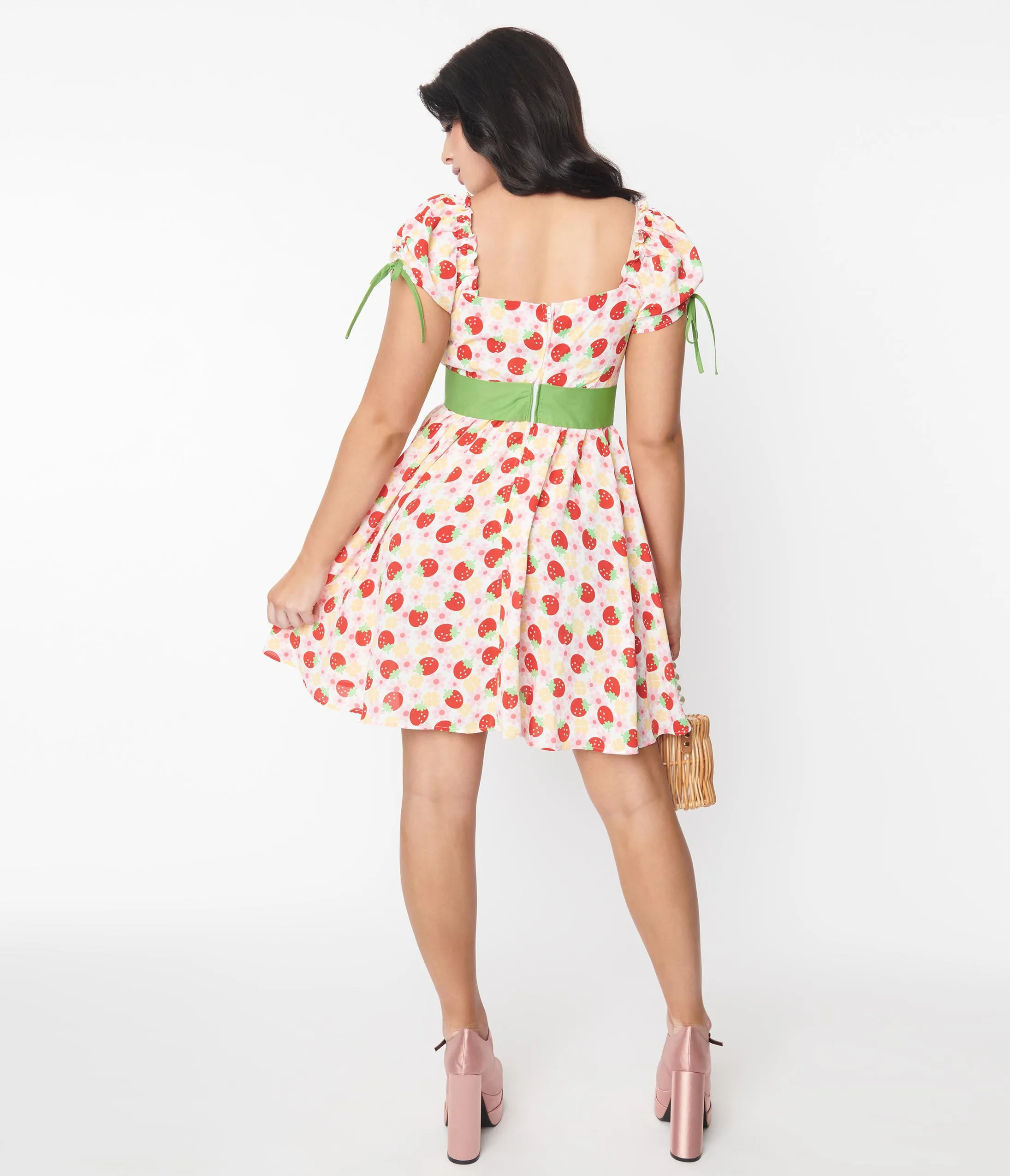 Unique Vintage Pink Floral Strawberries Dakota Flare Dress