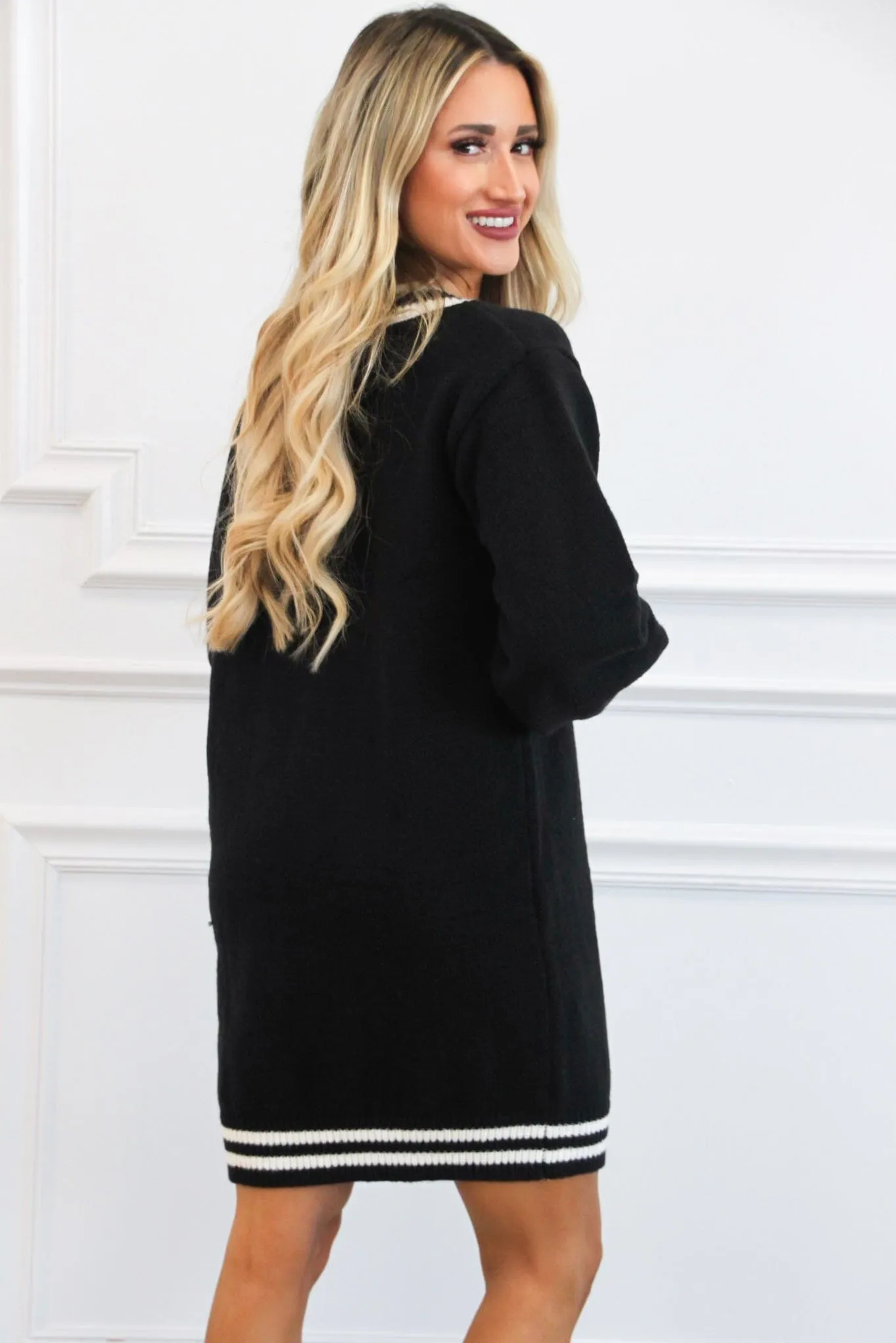 Varsity V Neck Sweater Dress: Black/Ivory