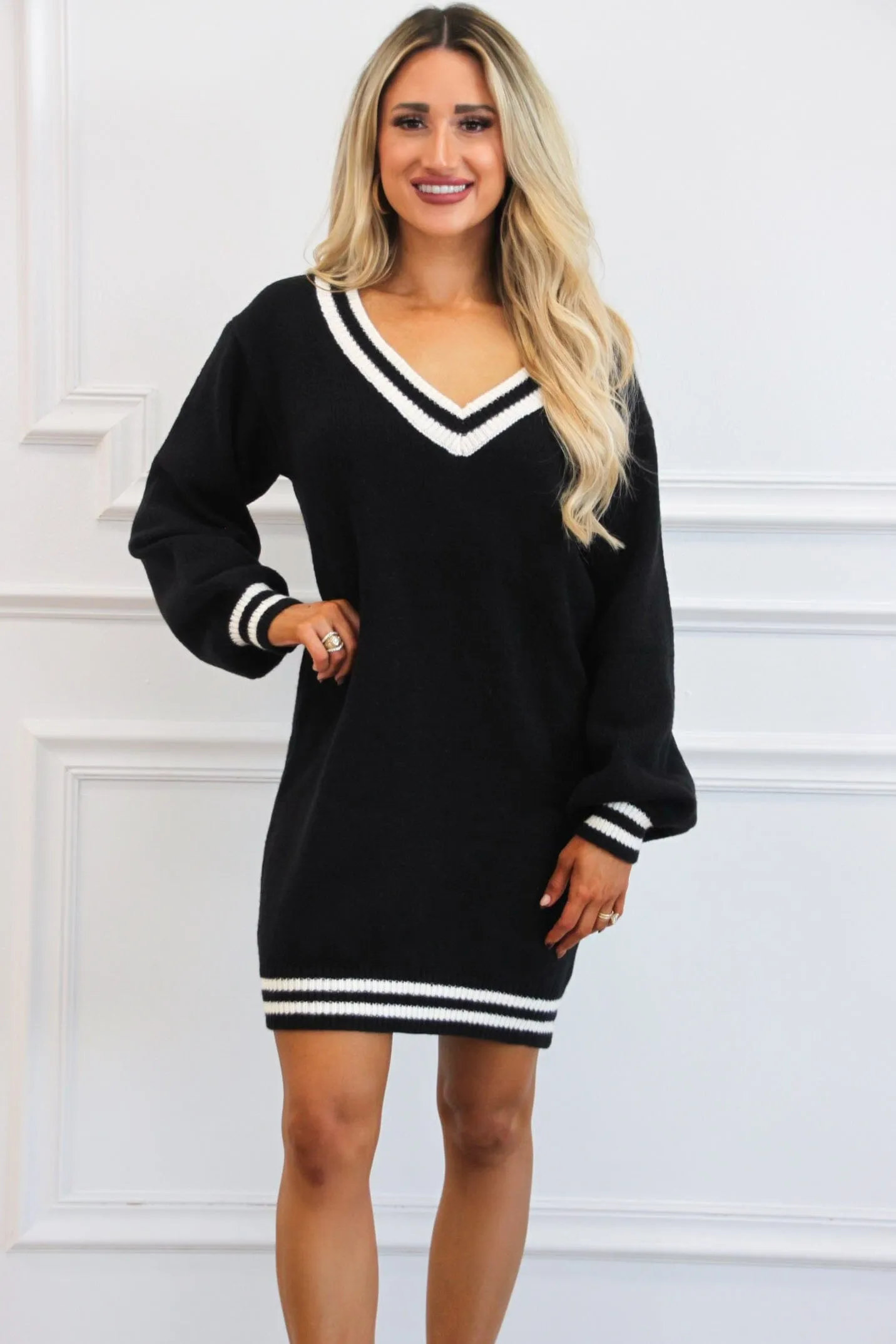 Varsity V Neck Sweater Dress: Black/Ivory