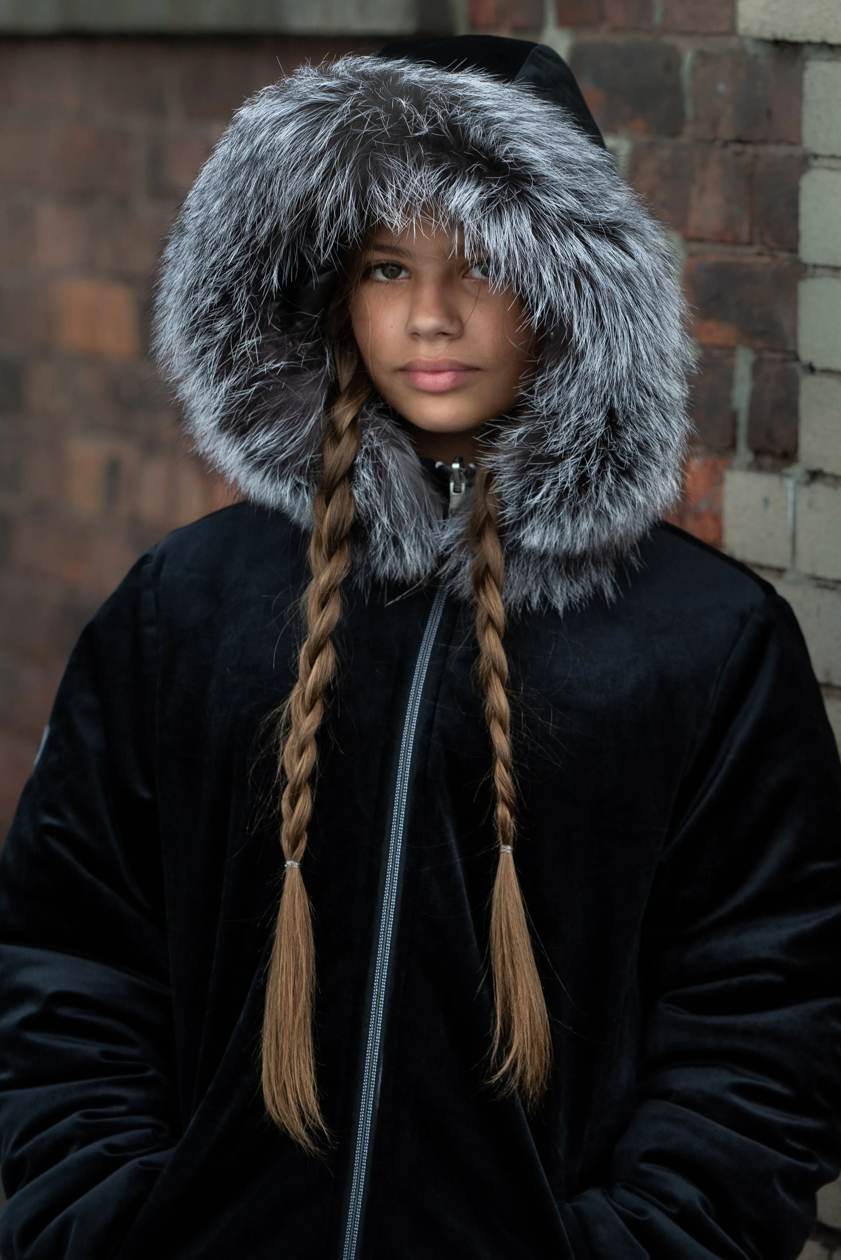 Velvet reversible coat with silver fox fur trim hood