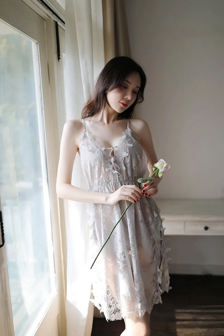 VenusFox 7Colors Women Nightdress Temptation Side Split Nightgown Sexy Lingerie Suspender Sheer Lace Embroidery Night Sleep Dress