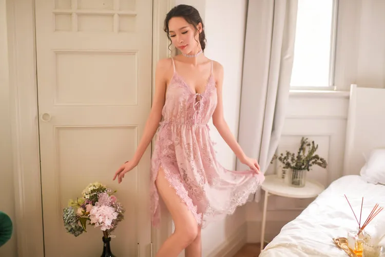 VenusFox 7Colors Women Nightdress Temptation Side Split Nightgown Sexy Lingerie Suspender Sheer Lace Embroidery Night Sleep Dress