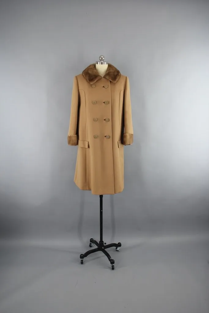 Vintage Caramel Brown Coat with Fur Trim