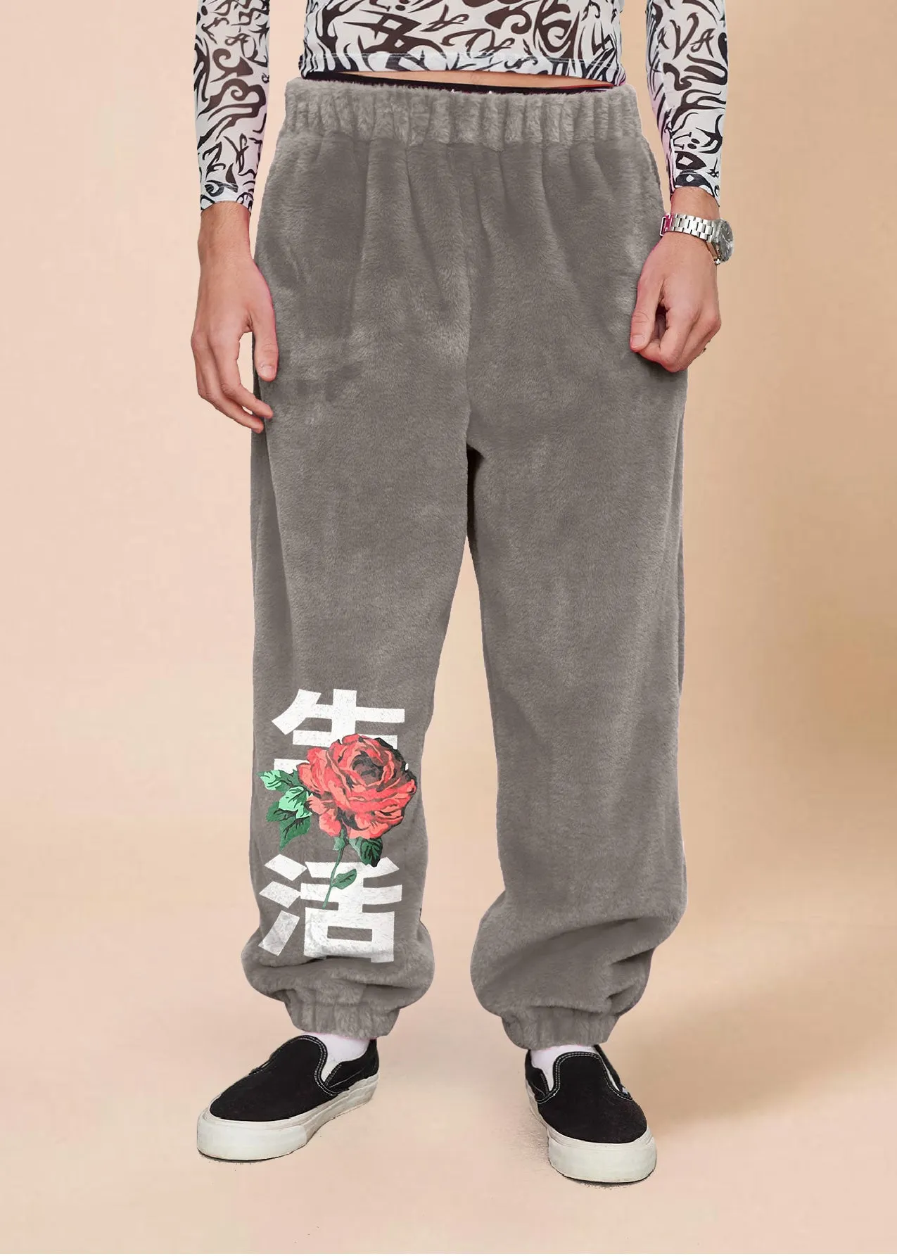 Vintage Print Casual Plush Bungee Trousers