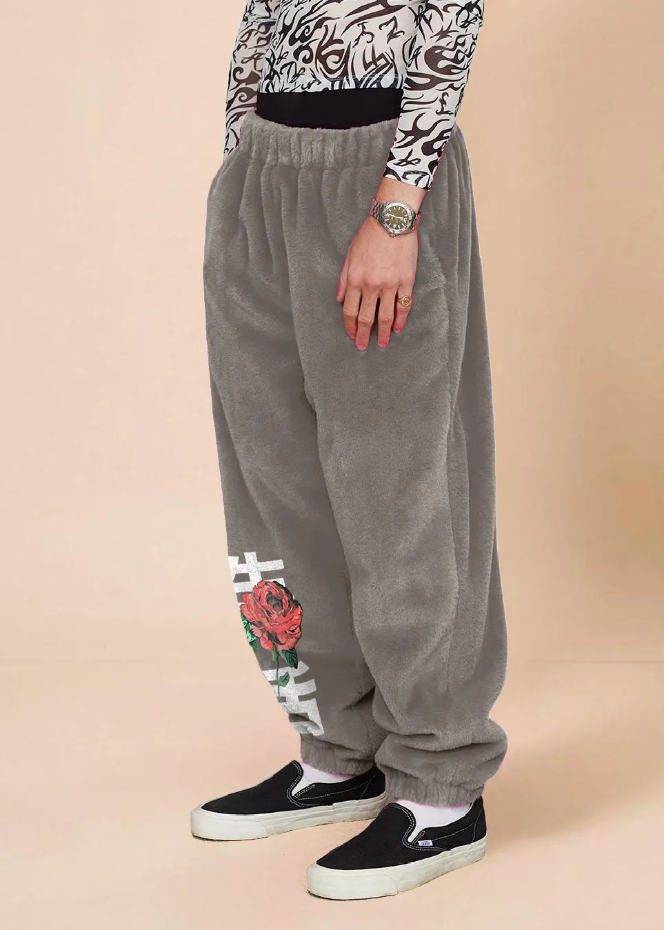 Vintage Print Casual Plush Bungee Trousers