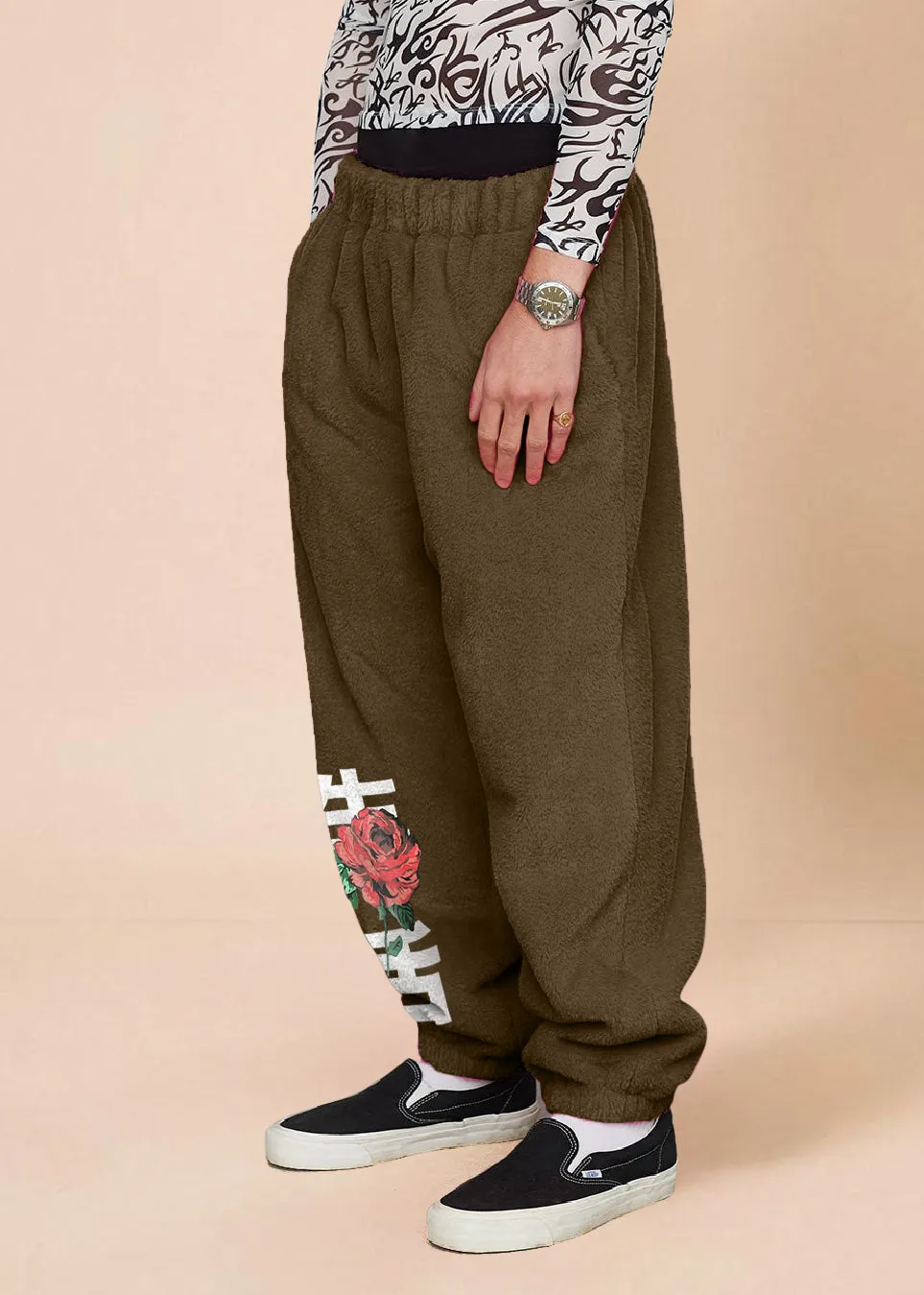 Vintage Print Casual Plush Bungee Trousers