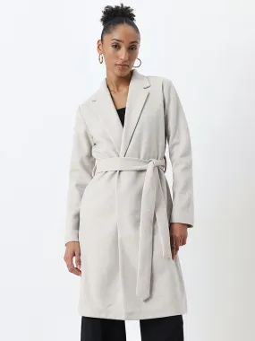 Wardrobe Off-White Solid Long Coat with Belt