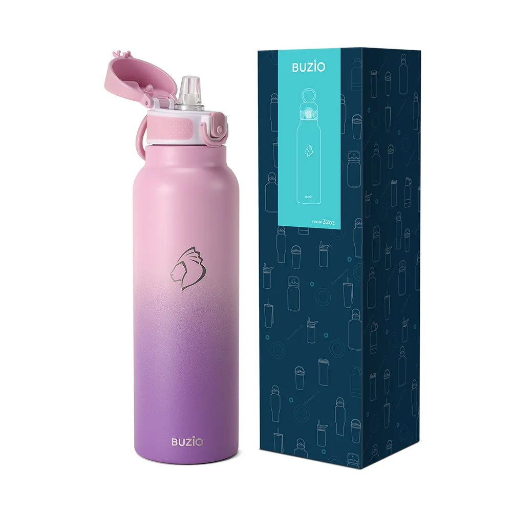 Water Bottle with Push Button Silicone Straw Lid | 12oz - 32oz