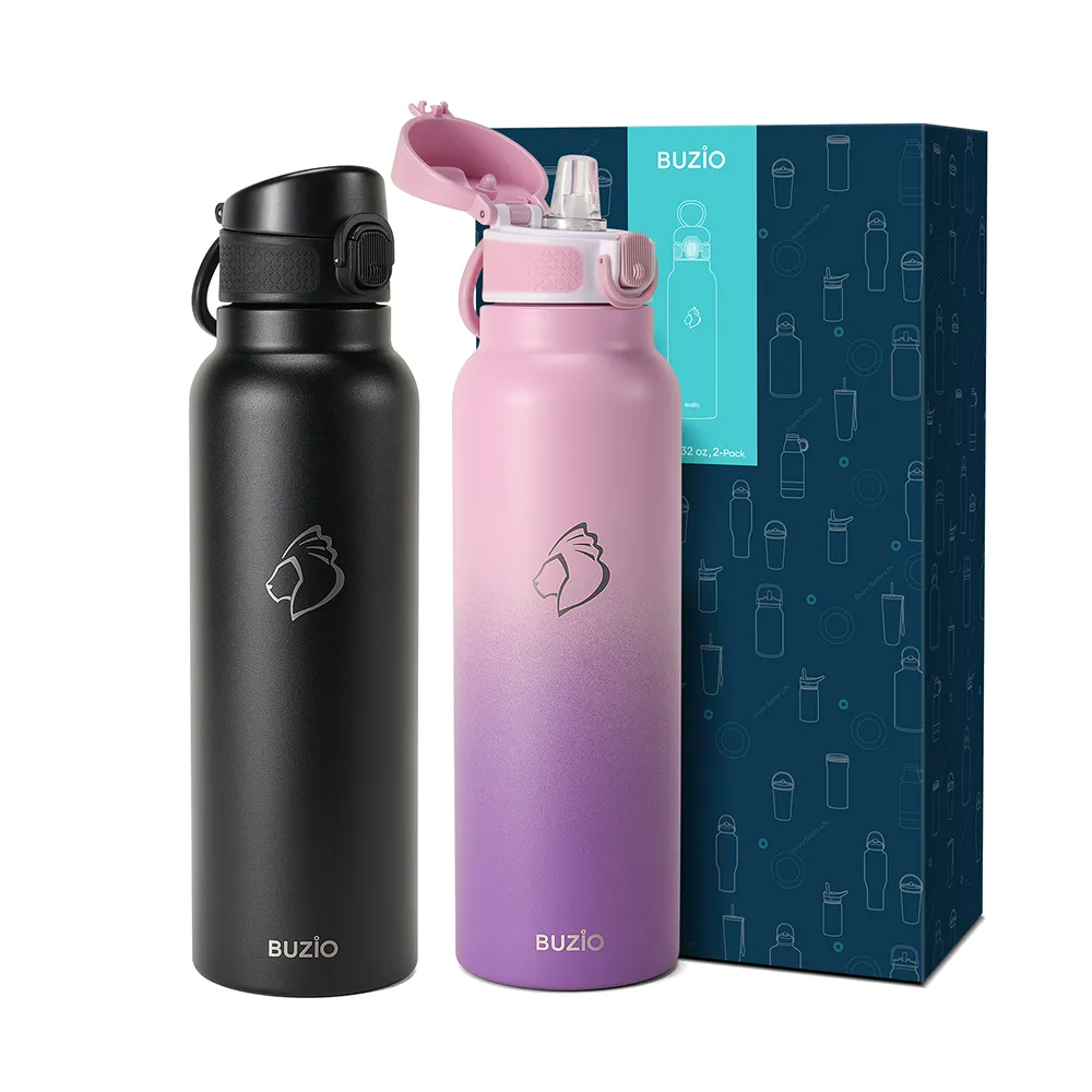 Water Bottle with Push Button Silicone Straw Lid | 12oz - 32oz