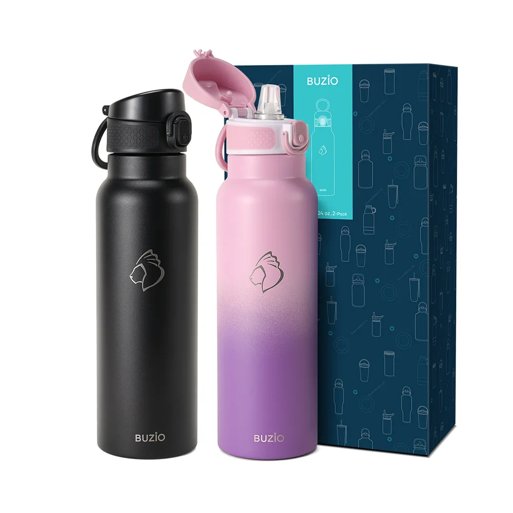 Water Bottle with Push Button Silicone Straw Lid | 12oz - 32oz