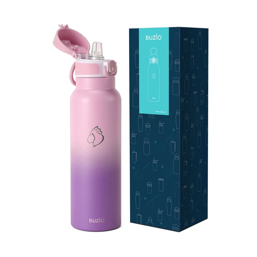 Water Bottle with Push Button Silicone Straw Lid | 12oz - 32oz