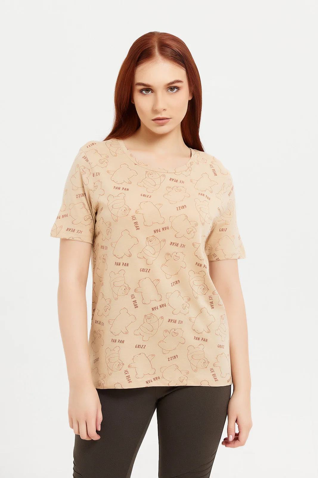 Women Beige Bears Printed T-Shirt