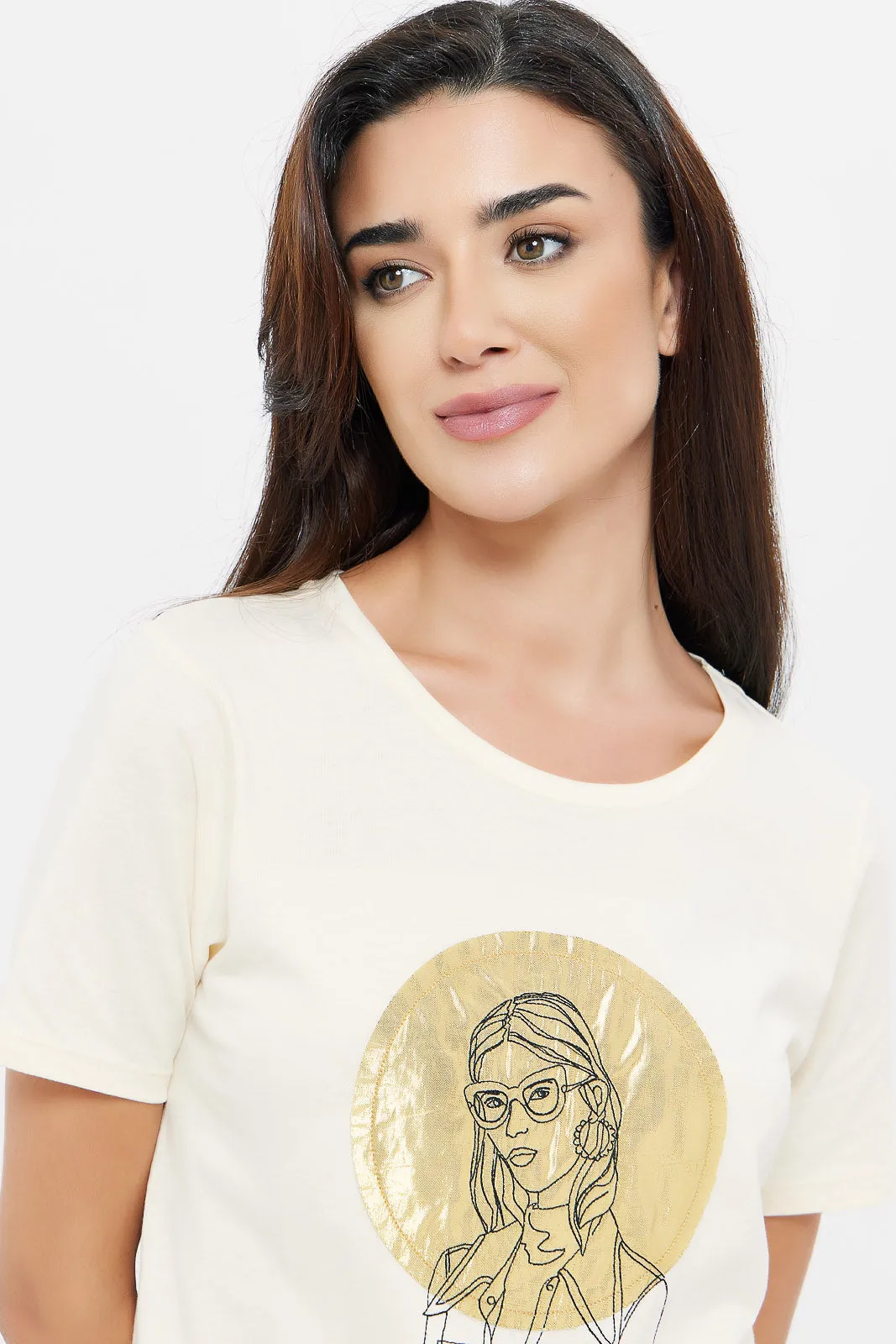 Women Beige Embellished T-Shirt