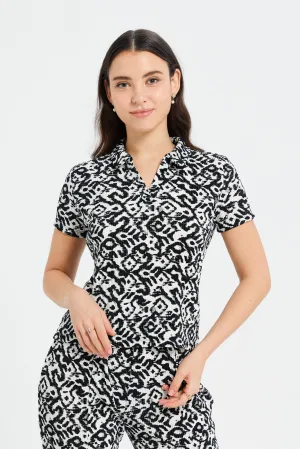 Women Black And White Printed Shirt Collared Top