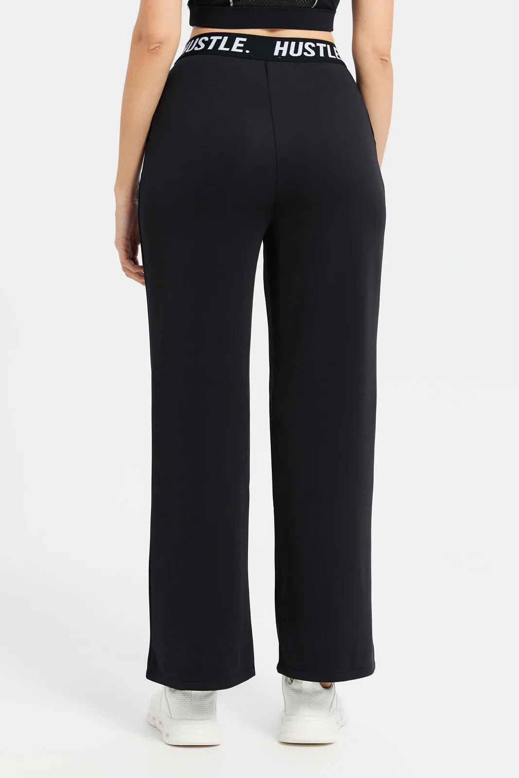 Women Black Straight Leg Active Pants With Waist Tape Detailing