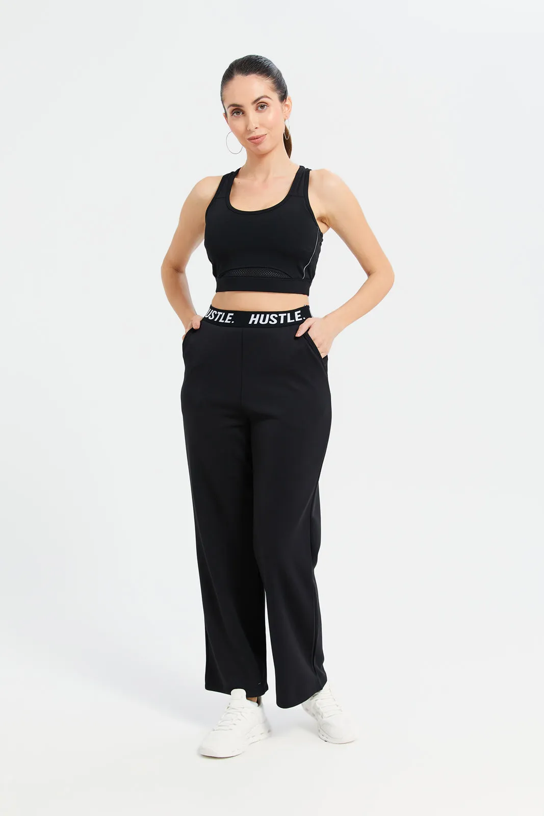 Women Black Straight Leg Active Pants With Waist Tape Detailing