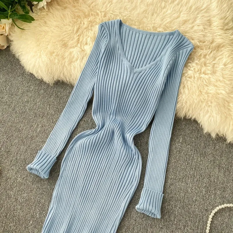 Women's Ribbed Knit Long Sleeve Bodycon Sweater Dress