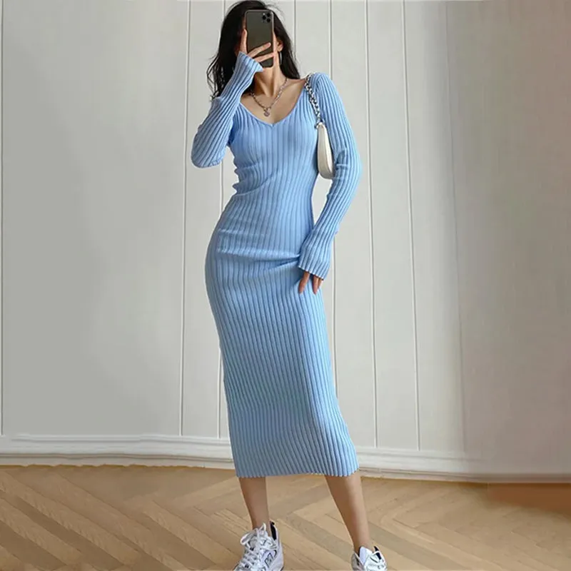 Women's Ribbed Knit Long Sleeve Bodycon Sweater Dress