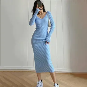 Women's Ribbed Knit Long Sleeve Bodycon Sweater Dress