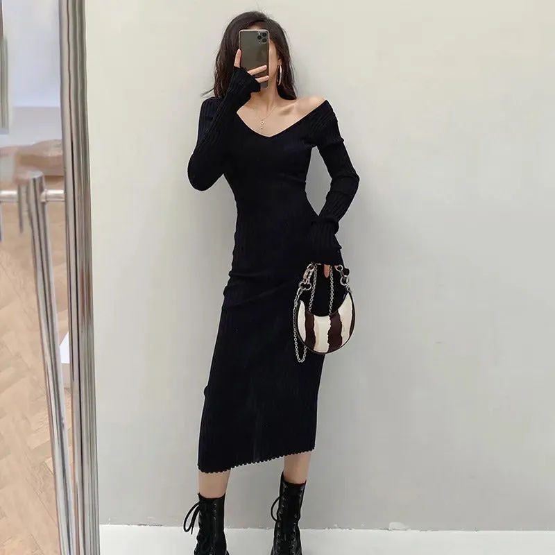 Women's Ribbed Knit Long Sleeve Bodycon Sweater Dress