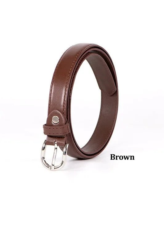 Women's Silver Buckle Skinny Belt (Brown)