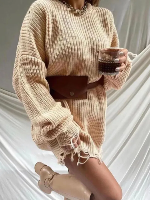 Women's solid color crew neck ripped sweater dress