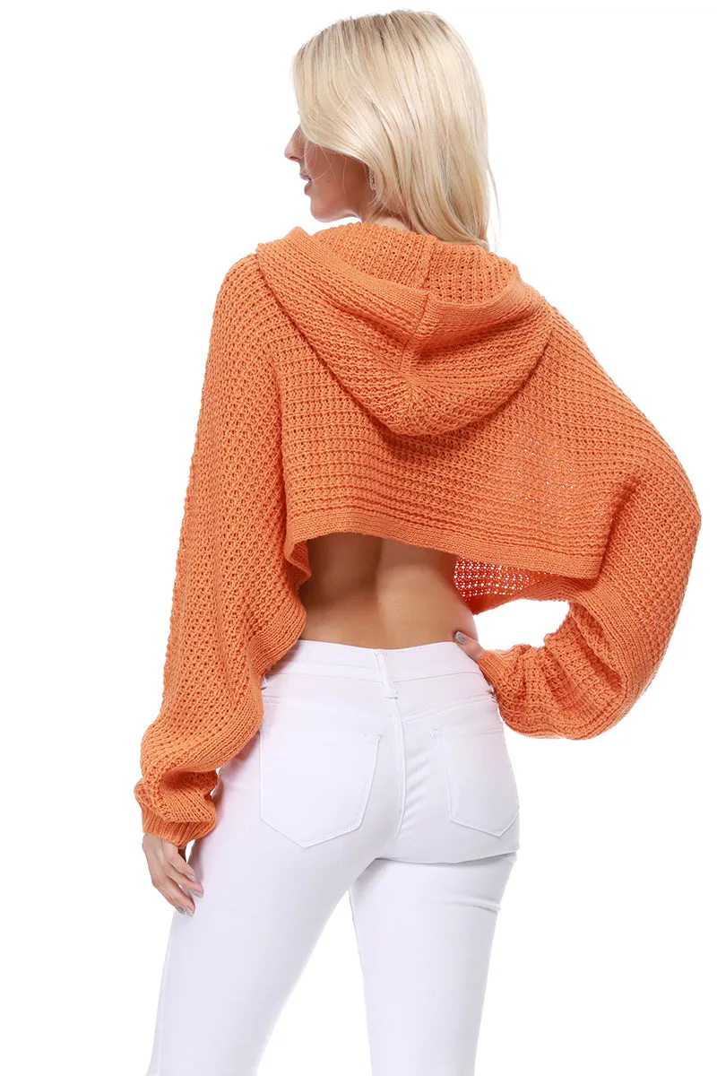 YEMAK Women Bat Wing Sleeve Crop Waffle Knit Summer Hoodie Top KC007 (S/M-M/L)